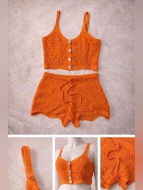 Jolie & Joy Orange Crochet Knit 2-Piece Set - Top & Shorts - Size L